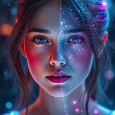 The primary subject of the image is a woman with a split face, featuring a mix of red and blue colors. The setting is a dark background, which contrasts with the vibrant colors of the woman's face. The visual style is a digital art or illustration, creating a unique and artistic representation of the woman's appearance. The colors and mood of the image are bold and striking, with the red and blue tones evoking a sense of contrast and intensity.